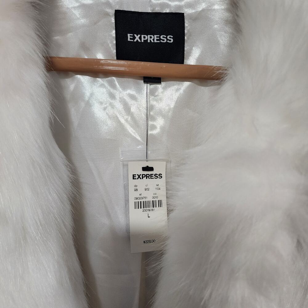 Express Women White Faux Fur Coat Jacket Open Front Large NTW Glam - Picture 6 of 10